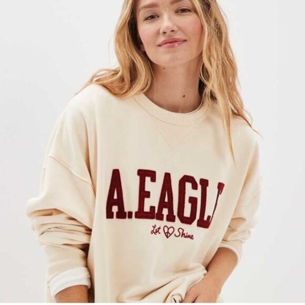 NWOT American Eagle Cream & Burgundy Let Love Shine Pullover Sweatshirt